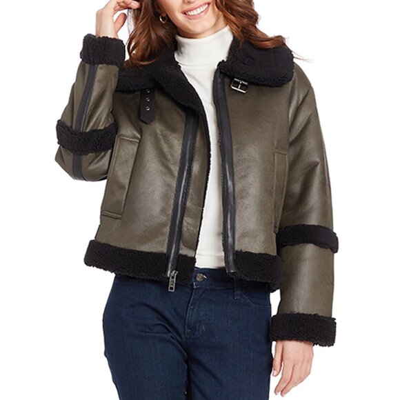 NEW Frye Women Water Resistant Faux Leather & Faux Shearling Aviator Jacket Coat - Picture 1 of 9